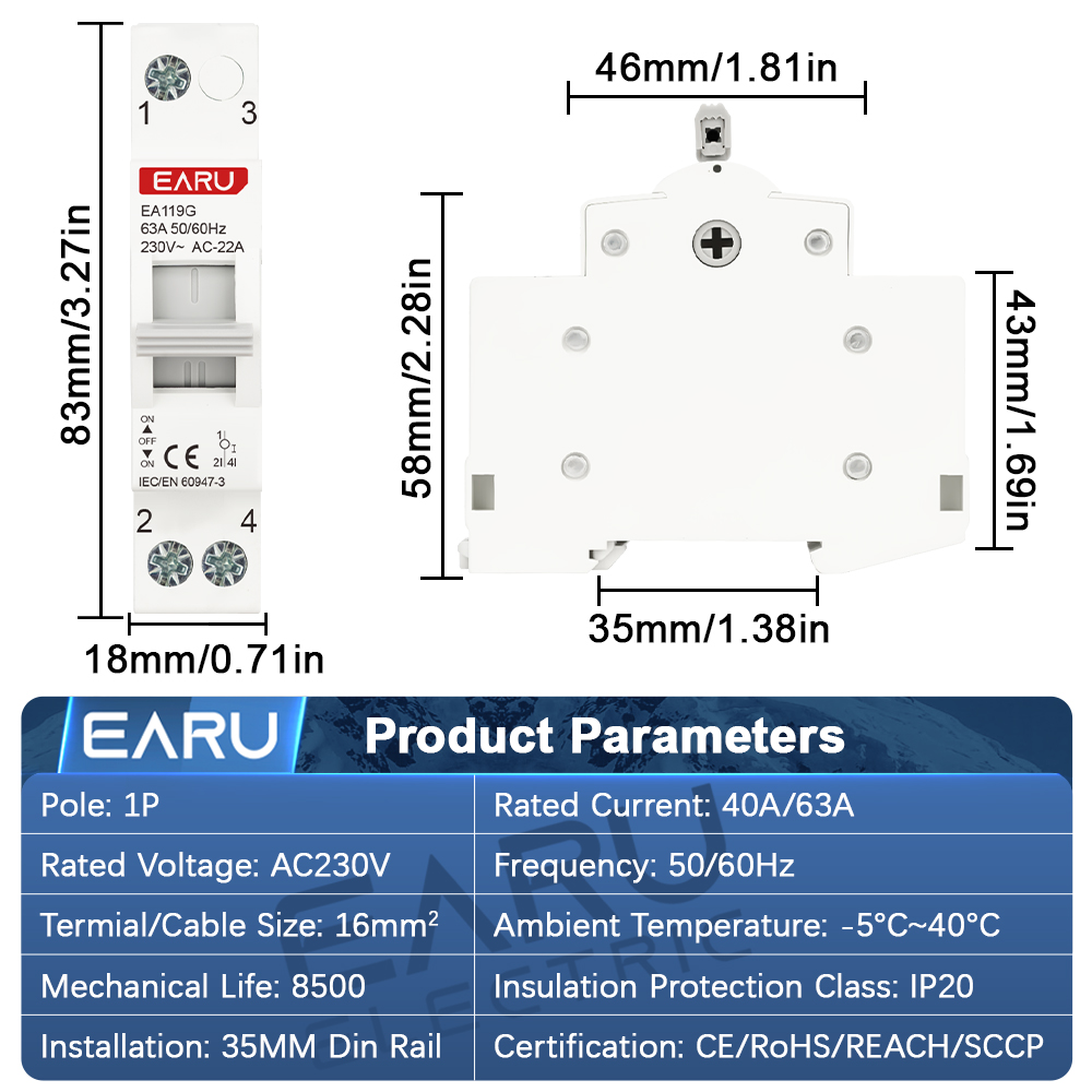EARU 1P 40A 63A AC 230V DIN 레일 - Din Rail Circuit Breaker 리뷰 및 가격